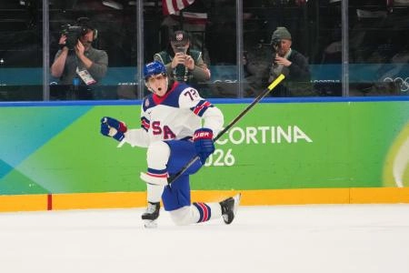 Feb 20, 2026; Milan, Italy; Tage Thompson (72) of the United States celebrates after scoring a goal during the first period against Slovakia in a men's ice hockey semifinal during the Milano Cortina 2026 Olympic Winter Games at Milano Santagiulia Ice Hockey Arena. Mandatory Credit: James Lang-Imagn Images