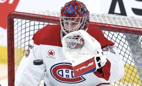 4 f&eacute;vrier 2026 ; Winnipeg, Manitoba, Canada ; Le gardien de but des Canadiens de Montr&eacute;al, Samuel Montembeault (35), s'&eacute;chauffe avant un match contre les Jets de Winnipeg au Canada Life Centre.