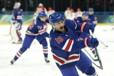 Feb 14, 2026; Milan, Italy; Vincent Trocheck of United States during the warm up before the match against Denmark in mens ice hockey group C play during the Milano Cortina 2026 Olympic Winter Games at Milano Santagiulia Ice Hockey Arena. Mandatory Credit: Geoff Burke-Imagn Images Feb 14, 2026; Milan, Italy; Vincent Trocheck of United States during the warm up before the match against Denmark in mens ice hockey group C play during the Milano Cortina 2026 Olympic Winter Games at Milano Santagiulia Ice Hockey Arena. Mandatory Credit: Geoff Burke-Imagn Images