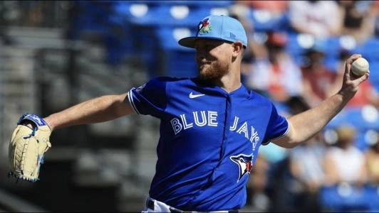 Feb 21, 2026; Dunedin, Florida, USA; Toronto Blue Jays starting pitcher Eric Lauer (56) throws a pitch during the first inning against the Philadelphia Phillies at TD Ballpark. Mandatory Credit: Kim Klement Neitzel-Imagn Images