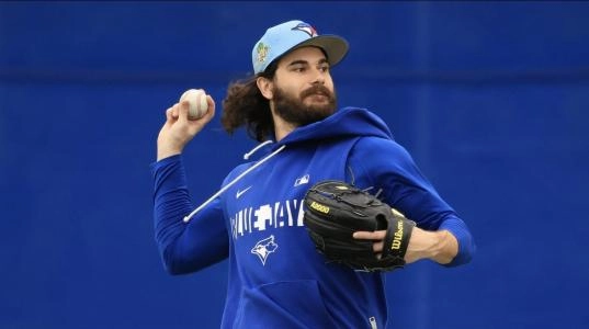 Feb 11, 2026; Dunedin, FL, USA; Toronto Blue Jays pitcher Dylan Cease (84) works out for spring training practice at Blue Jays Player Development Complex. Mandatory Credit: Kim Klement Neitzel-Imagn Images