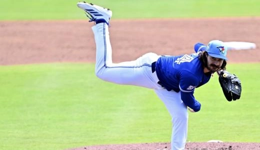 Feb 28, 2026; Dunedin, Florida, USA; Toronto Blue Jays starting pitcher Dylan Cease (84) throws a pitch in the second inning against the Philadelphia Phillies during spring training at TD Ballpark. Mandatory Credit: Jonathan Dyer-Imagn Images