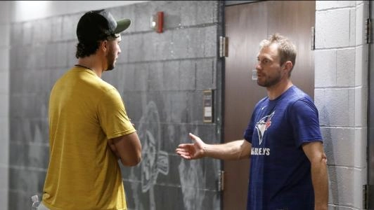 Aug 20, 2025; Pittsburgh, Pennsylvania, USA; Pittsburgh Pirates pitcher Paul Skenes (left) and Toronto Blue Jays pitcher Max Scherzer (right) talk before their game at PNC Park. Mandatory Credit: Charles LeClaire-Imagn Images