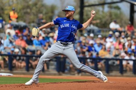 Feb 27, 2026; Port Charlotte, Florida, USA; Toronto Blue Jays starting pitcher Eric Lauer (56) throws a pitch during the first inning against the Tampa Bay Rays at Charlotte Sports Park.