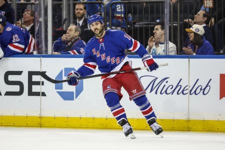 Feb 28, 2026; New York, New York, USA; New York Rangers center Vincent Trocheck (16) reacts after scoring a goal during a shootout against the Pittsburgh Penguins at Madison Square Garden. Mandatory Credit: Wendell Cruz-Imagn Images