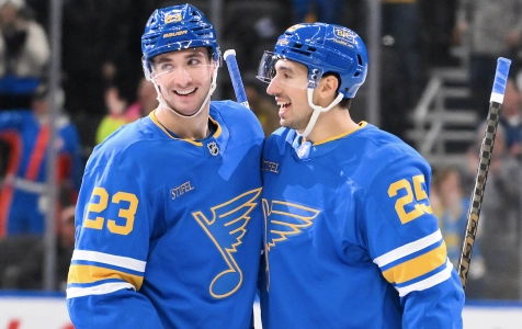Jan 24, 2026; St. Louis, Missouri, USA; St. Louis Blues right wing Jordan Kyrou (25) is congratulated by defenseman Logan Mailloux (23) after scoring against the Los Angeles Kings during the second period at Enterprise Center.