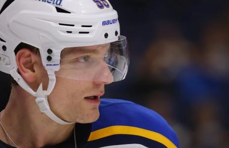 Nov 14, 2024; Buffalo, New York, USA; St. Louis Blues defenseman Colton Parayko (55) waits for the face-off during the second period against the Buffalo Sabres at KeyBank Center Nov 14, 2024; Buffalo, New York, USA; St. Louis Blues defenseman Colton Parayko (55) waits for the face-off during the second period against the Buffalo Sabres at KeyBank Center