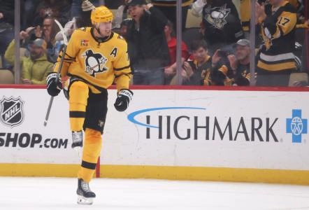 Jan 8, 2026; Pittsburgh, Pennsylvania, USA; Pittsburgh Penguins center Evgeni Malkin (71) reacts after scoring a power play goal against the New Jersey Devils during the second period at PPG Paints Arena.