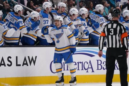 Mar 6, 2026; San Jose, California, USA; St. Louis Blues center Robert Thomas (18) is congratulated by teammates after scoring a goal against the San Jose Sharks in the second period at SAP Center at San Jose.