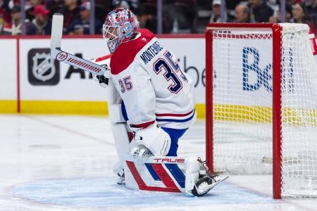 11 avril 2025; Ottawa (Ontario, Canada); Le gardien des Canadiens de Montr&eacute;al, Sam Montembeault (35), s'&eacute;tire avant le d&eacute;but du match contre les S&eacute;nateurs d'Ottawa au Centre Canadian Tire.