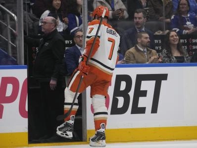 Mar 12, 2026; Toronto, Ontario, CAN; Anaheim Ducks defenseman Radko Gudas (7) leaves the ice after being ejected from the game for a hit on Toronto Maple Leafs forward Auston Matthews (not pictured) during the second period at Scotiabank Arena. Mandatory Credit: John E. Sokolowski-Imagn Images