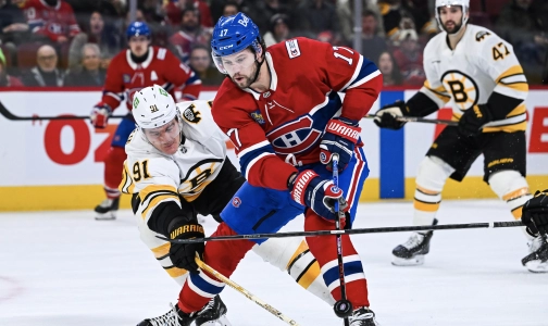 17 mars 2026 ; Montr&eacute;al, Qu&eacute;bec, Canada ; Le d&eacute;fenseur des Bruins de Boston, Nikita Zadorov (91), d&eacute;fend le palet face &agrave; l'ailier droit des Canadiens de Montr&eacute;al, Josh Anderson (17), au cours de la deuxi&egrave;me p&eacute;riode au Centre Bell.