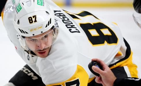 Feb 5, 2026; Buffalo, New York, USA; Pittsburgh Penguins center Sidney Crosby (87) waits for the face-off during the first period against the Buffalo Sabres at KeyBank Center
