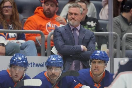 Mar 22, 2026; Elmont, New York, USA; New York Islanders head coach Patrick Roy coaches against the Columbus Blue Jackets during the first period at UBS Arena.