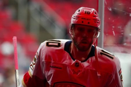 Jan 16, 2026; Raleigh, North Carolina, USA; Florida Panthers left wing A.J. Greer (10) come off the ice after the warmups before the game against the Carolina Hurricanes at Lenovo Center