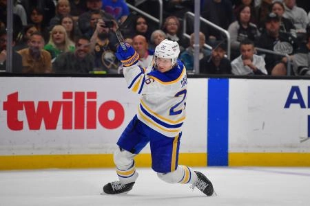 Mar 21, 2026; Los Angeles, California, USA; Buffalo Sabres defenseman Rasmus Dahlin (26) shoots on goal against the Los Angeles Kings during the third period at Crypto.com Arena.
