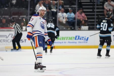 Mar 24, 2026; Salt Lake City, Utah, USA; Edmonton Oilers center Connor McDavid (97) reacts to scoring an open net goal against the Utah Mammoth during the third period at Delta Center.