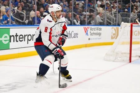 Mar 24, 2026; St. Louis, Missouri, USA; Washington Capitals left wing Alex Ovechkin (8) skates against the St. Louis Blues during the third period at Enterprise Center.