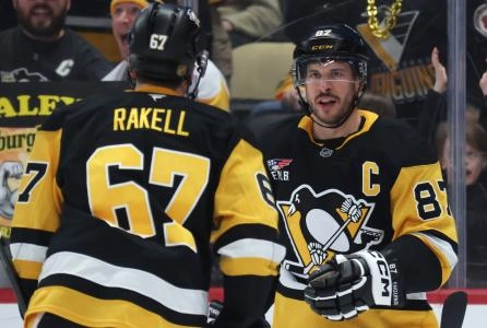 Mar 24, 2026; Pittsburgh, Pennsylvania, USA; Pittsburgh Penguins center Sidney Crosby (87) congratulates right wing Rickard Rakell (67) on his goal against the Colorado Avalancheduring the third period at PPG Paints Arena.