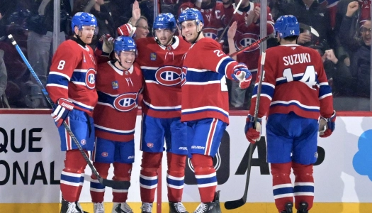 24 mars 2026 ; Montr�al, Qu�bec, Canada ; L'attaquant des Canadiens de Montr�al, Juraj Slafkovsky (20), c�l�bre avec ses co�quipiers apr�s avoir marqu� un but contre les Hurricanes de la Caroline au cours de la deuxi�me p�riode au Centre Bell