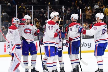 23 d�cembre 2025�; Boston, Massachusetts, �tats-Unis�; Les Canadiens de Montr�al c�l�brent leur victoire contre les Bruins de Boston au TD Garden.
