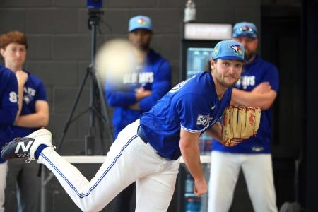Feb 11, 2026; Dunedin, FL, USA; Toronto Blue Jays pitcher Trey Yesavage (39) throws a bullpen session for spring training practice at Blue Jays Player Development Complex.