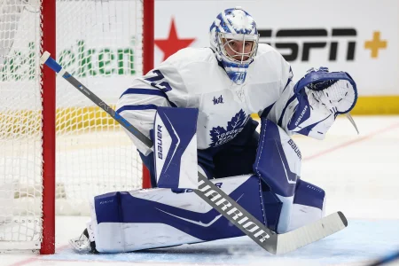 Apr 9, 2026; Elmont, New York, USA; Toronto Maple Leafs goaltender Artur Akhtyamov (70) watches the play in the second period against the New York Islanders at UBS Arena