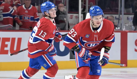 7 avril 2026 ; Montr�al, Qu�bec, Canada ; L'attaquant des Canadiens de Montr�al Ivan Demidov (93) c�l�bre avec son co�quipier, l'attaquant Cole Caufield (13), apr�s avoir marqu� un but contre les Panthers de la Floride au cours de la deuxi�me p�riode au Centre Bell.