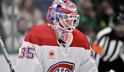 4 janvier 2026 ; Dallas, Texas, �tats-Unis ; Le gardien des Canadiens de Montr�al, Sam Montembeault (35), fait face � lattaque des Stars de Dallas au cours de la deuxi�me p�riode � lAmerican Airlines Center.