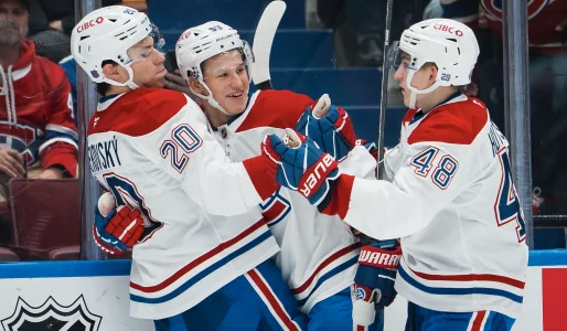Oct 25, 2025; Vancouver, British Columbia, CAN; Montreal Canadiens forward Juraj Slafkovsky (20) and forward Ivan Demidov (93) and defenseman Lane Hutson (48) celebrate Slafkovsky�s goal against the Vancouver Canucks in the third period at Rogers Arena.