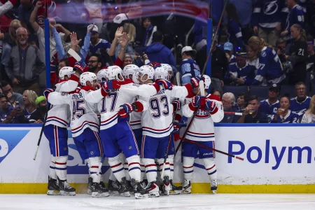 19 avril 2026 ; Tampa, Floride, �tats-Unis ; lattaquant des Canadiens de Montr�al, Juraj Slafkovsky (20), et ses co�quipiers c�l�brent le but vainqueur marqu� contre le Lightning de Tampa Bay en prolongation lors du premier match de la premi�re ronde des s�ries �liminatoires de la Coupe Stanley 2026 � la Benchmark International Arena.