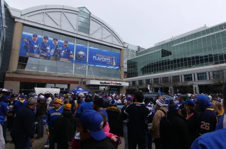 Apr 19, 2026; Buffalo, New York, USA; Fans wait for the doors to open before a game between the Buffalo Sabres and the Boston Bruins in game one of the first round of the 2026 Stanley Cup Playoffs at KeyBank Center. Mandatory Credit: Timothy T. Ludwig-Imagn Images