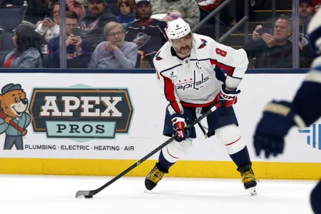 Apr 14, 2026; Columbus, Ohio, USA; Washington Capitals left wing Alex Ovechkin (8) wrists a shot on goal against the Columbus Blue Jackets during the third period at Nationwide Arena. Mandatory Credit: Russell LaBounty-Imagn Images