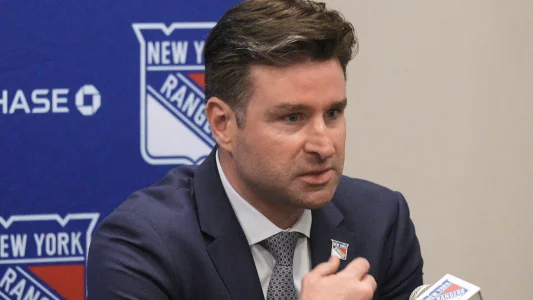 May 8, 2025; Tarrytown, NY, USA; New York Rangers president and general manager Chris Drury speaks during a press conference to introduce new head coach Mike Sullivan at the MSG Training Center in Tarrytown, New York May 8, 2025. Mandatory Credit: Peter Carr/USA TODAY NETWORK via Imagn Images