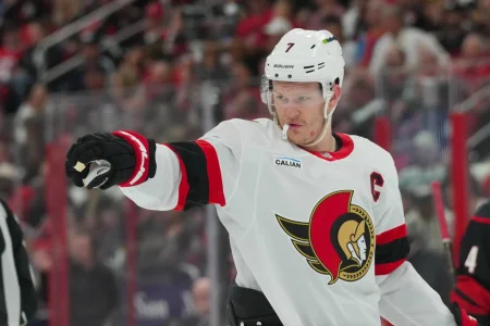 Apr 18, 2026; Raleigh, North Carolina, USA; Ottawa Senators left wing Brady Tkachuk (7) reacts against the Carolina Hurricanes during the second period in game one of the first round of the 2026 Stanley Cup Playoffs at Lenovo Center.