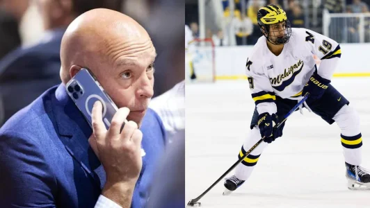7 mars 2025 ; Ann Arbor, Michigan, États-Unis ; lattaquant des Wolverines du Michigan, Michael Hage (19), patine avec la rondelle face à Penn State lors dun quart de finale du tournoi Big Ten à la Yost Arena.
