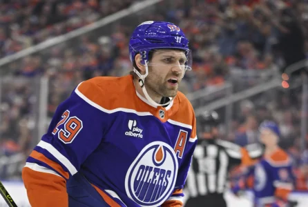 Apr 20, 2026; Edmonton, Alberta, CAN; Edmonton Oilers center Leon Draisaitl (29) reacts against the Anaheim Ducks in game one of the first round of the 2026 Stanley Cup Playoffs during the first period at Rogers Place.