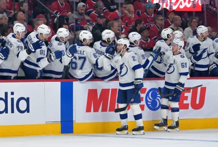 Apr 24, 2026; Montreal, Quebec, CAN; Tampa Bay Lightning forward Brayden Point (21) celebrates with teammates after scoring a goal against the Montreal Canadiens during the first period in game three of the first round of the 2026 Stanley Cup Playoffs at the Bell Centre.