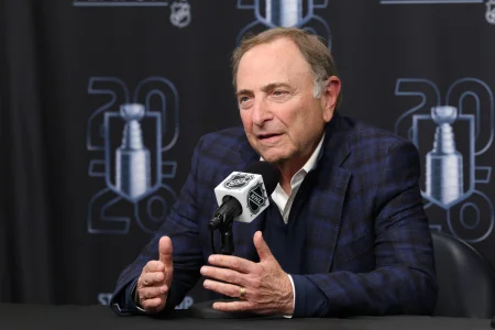 Apr 24, 2026; Salt Lake City, Utah, USA; NHL commissioner Gary Bettman speaks to the media before game three of the first round of the 2026 Stanley Cup Playoffs between the Utah Mammoth and the Vegas Golden Knights at Delta Center.