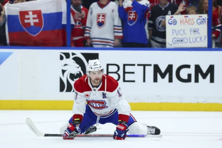Apr 21, 2026; Tampa, Florida, USA; Montreal Canadiens right wing Josh Anderson (17) warms up before game two of the first round of the 2026 Stanley Cup Playoffs at Benchmark International Arena.