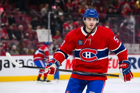 Mar 14, 2026; Montreal, Quebec, CAN; Montreal Canadiens defenseman Noah Dobson (53) looks on during warm-up before the game against the San Jose Sharks at Bell Centre.