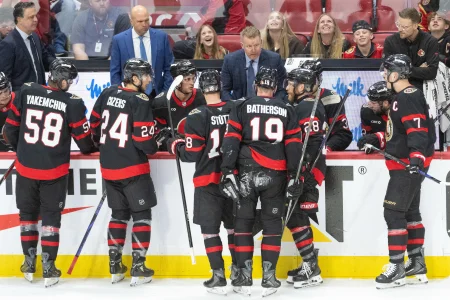 Apr 25, 2026; Ottawa, Ontario, CAN; Member of the coaching staff Daniel Alfredsson speaks to his team on the ice during a timeout in the third period between the Ottawa Senators and the Carolina Hurricanes in game four of the first round of the 2026 Stanley Cup Playoffs at the Canadian Tire Centre.