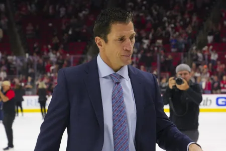 May 30, 2022; Raleigh, North Carolina, USA; Carolina Hurricanes head coach Rod Brind Amour goes off the ice after the game against the New York Rangers in game seven of the second round of the 2022 Stanley Cup Playoffs at PNC Arena.
