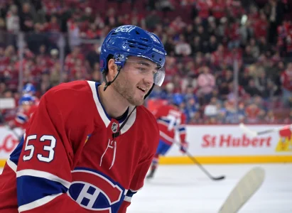 Apr 11, 2026; Montreal, Quebec, CAN; Montreal Canadiens defenseman Noah Dobson (53) skates during the warmup before the game against the Columbus Blue Jackets at the Bell Centre.