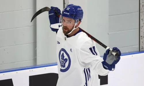 Toronto Marlies captain Logan Shaw skates with the Maple Leafs