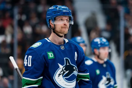 Apr 14, 2026; Vancouver, British Columbia, CAN; Vancouver Canucks forward Elias Pettersson (40) during a stop in play against the Los Angeles Kings in the third period at Rogers Arena.