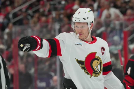 Apr 18, 2026; Raleigh, North Carolina, USA; Ottawa Senators left wing Brady Tkachuk (7) reacts against the Carolina Hurricanes during the second period in game one of the first round of the 2026 Stanley Cup Playoffs at Lenovo Center.