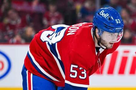 Mar 21, 2026; Montreal, Quebec, CAN; Montreal Canadiens defenseman Noah Dobson (53) waits for a face-off against the New York Islanders during the second period at Bell Centre.