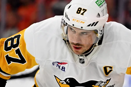 Apr 25, 2026; Philadelphia, Pennsylvania, USA; Pittsburgh Penguins center Sidney Crosby (87) against the Philadelphia Flyers during the first period in game four of the first round of the 2026 Stanley Cup Playoffs at Xfinity Mobile Arena.