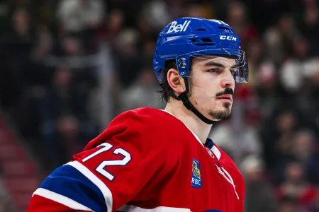Jan 12, 2026; Montreal, Quebec, CAN; Montreal Canadiens defenseman Arber Xhekaj (72) looks on against the Vancouver Canucks during the first period at Bell Centre.
